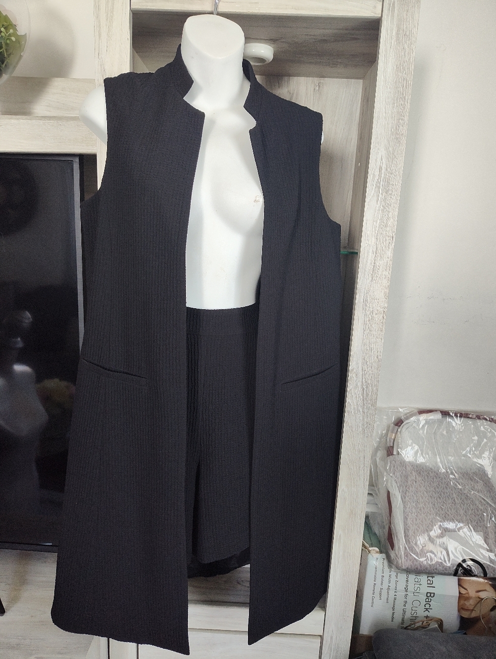 bebe Open-Front Sleeveless Black Textured Long Vest & Black Textured Short Set